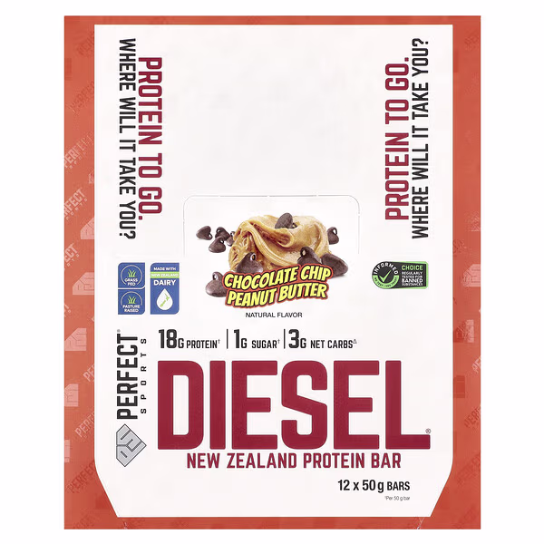 PERFECT Sports, Diesel, New Zealand Protein Bar, Chocolate Chip Peanut Butter, 12 Bars, 50 g Each