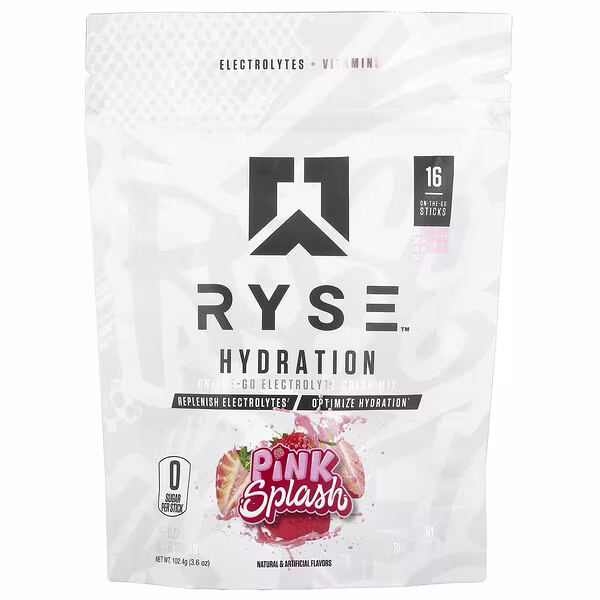 RYSE, Hydration, On-The-Go Electrolyte Drink Mix, Pink Splash, 16 Sticks, 0.23 oz (6.4 g) Each