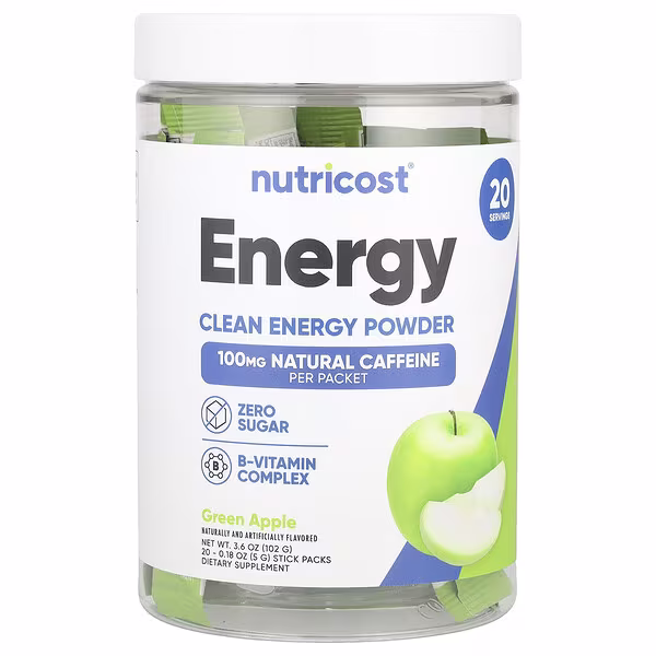 Nutricost, Energy, Clean Energy Powder, Green Apple, 20 Stick Packs, 0.18 oz (5 g) Each