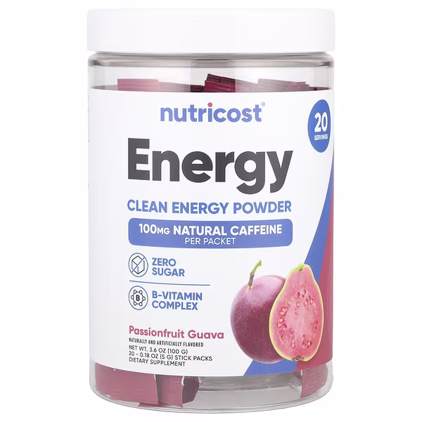 Nutricost, Energy, Clean Energy Powder, Passionfruit Guava, 20 Stick Packs, 0.18 oz (5 g) Each