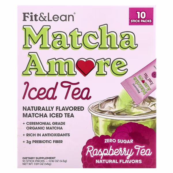 Fit & Lean, Matcha Amore Iced Tea, Raspberry Tea, 10 Stick Packs, 0.16 oz (4.5 g) Each