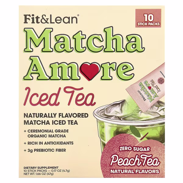 Fit & Lean, Matcha Amore Iced Tea, Peach Tea, 10 Stick Packs, 0.17 oz (4.7 g) Each