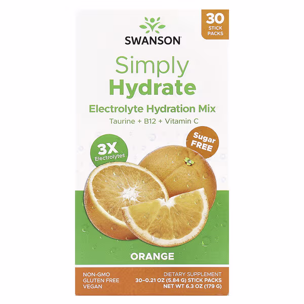 Swanson, Simply Hydrate, Electrolyte Hydration Mix, Orange, 30 Stick Packs, 0.21 oz (5.84 g) Each