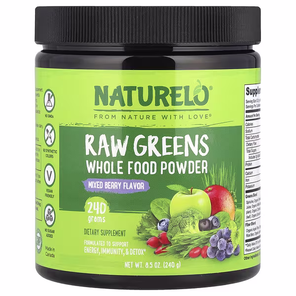 NATURELO, Raw Greens Whole Food Powder, Mixed Berry, 8.5 oz (240 g)