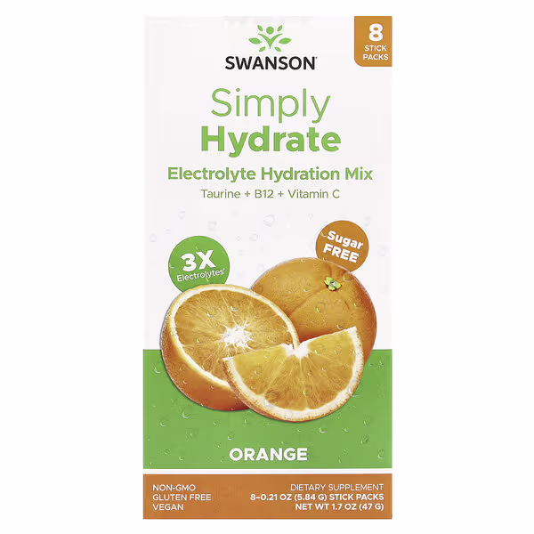Swanson, Simply Hydrate, Electrolyte Hydration Mix, Orange, 8 Stick Packs 0.21 oz (5.84 g) Each
