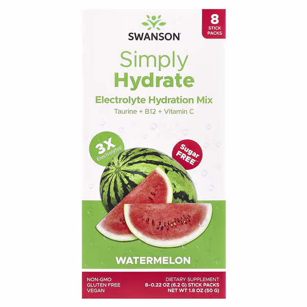 Swanson, Simply Hydrate, Electrolyte Hydration Mix, Watermelon, 8 Stick Packs 0.22 oz (6.2 g) Each