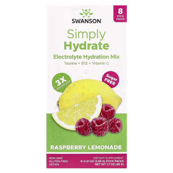 Swanson, Simply Hydrate, Electrolyte Hydration Mix, Raspberry Lemonade, 8 Stick Packs 0.21 oz (5.95 g) Each