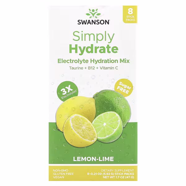 Swanson, Simply Hydrate, Electrolyte Hydration Mix, Lemon-Lime, 8 Stick Packs, 0.21 oz (5.92 g) Each