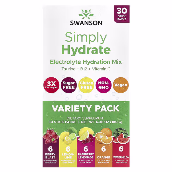 Swanson, Simply Hydrate, Electrolyte Hydration Mix, Variety Pack, 30 Sticks Packs, 6.36 oz (180 g)