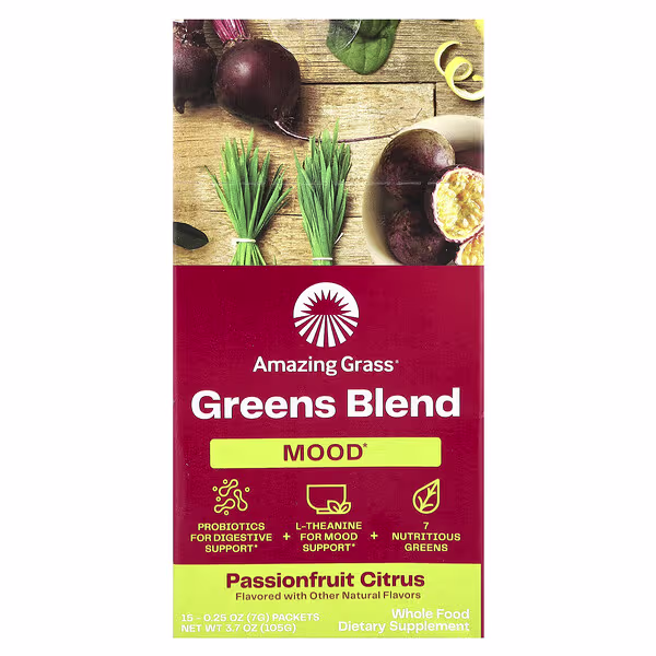 Amazing Grass, Greens Blend, Mood, Passionfruit Citrus, 15 Packets 0.25 oz (7 g) Each
