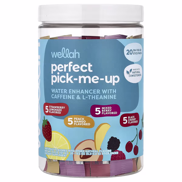 Wellah, Perfect Pick-Me-Up, Water Enhancer With Caffeine & L-Theanine, Variety Pack, 20 Stick Pack, 0.2 oz (5.2-5.6 g) Each