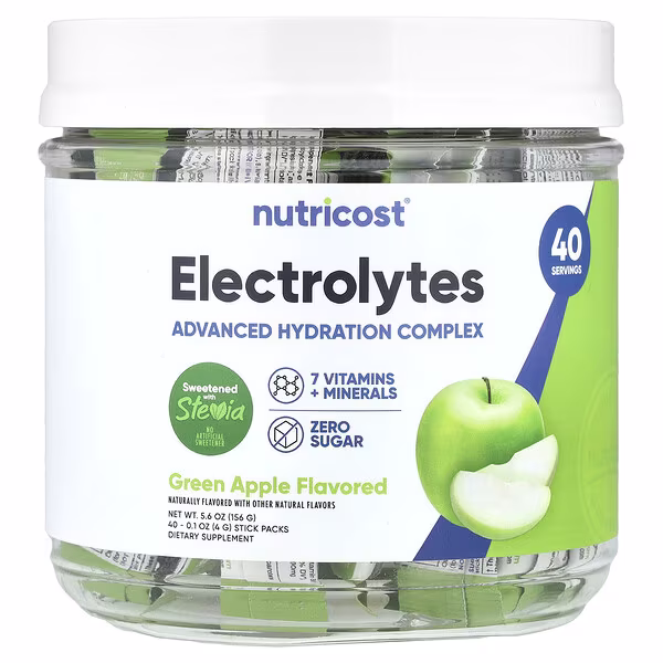Nutricost, Electrolytes, Advanced Hydration Complex, Green Apple , 40 Stick Packs, 0.1 oz (4 g) Each