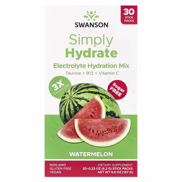 Swanson, Simply Hydrate, Electrolyte Hydration Mix, Watermelon, 30 Stick Packs, 0.22 oz (6.2 g) Each