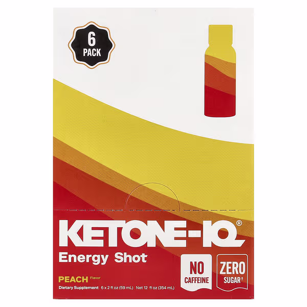 Ketone-IQ, Energy Shot, Peach, Caffeine Free, 6 Bottles, 2 fl oz (59 ml) Each
