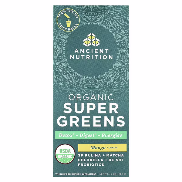 Ancient Nutrition, Organic Super Greens, Mango, 16 On-The-Go Stick Packs, 0.3 oz (7.7 g) Each