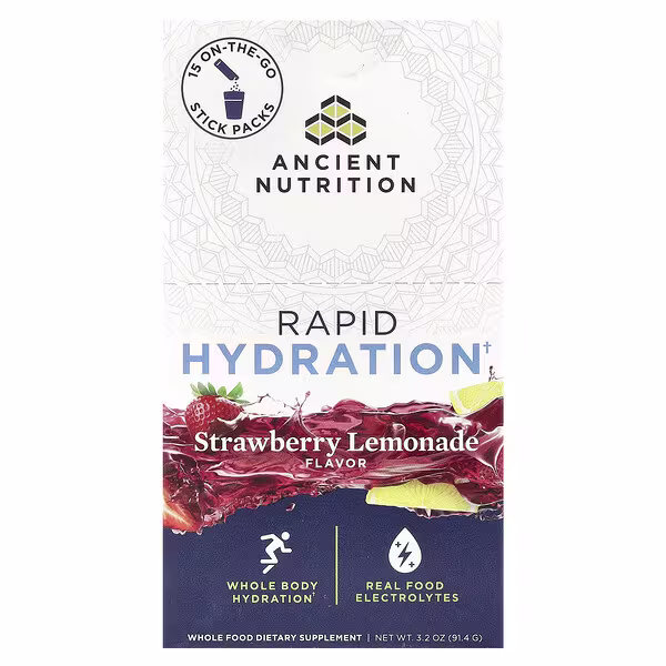Ancient Nutrition, Rapid Hydration, Strawberry Lemonade, 15 On-The-Go Stick Packs, 0.2 oz (6.1 g) Each
