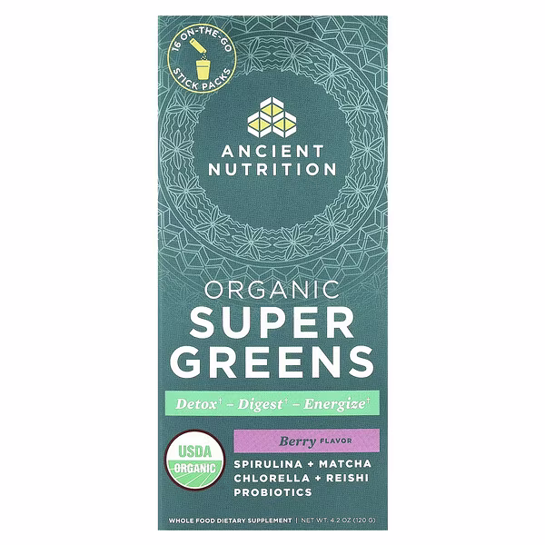 Ancient Nutrition, Organic Super Greens, Berry, 16 On-The-Go Stick Packs, 0.3 oz (7.5 g) Each