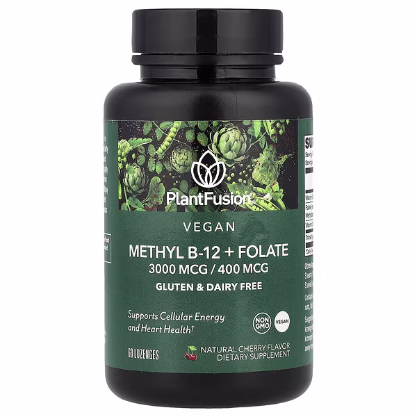 PlantFusion, Vegan Methyl B-12 + Folate, Natural Cherry, 60 Lozenges