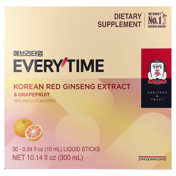 JungKwanJang, Korean Red Ginseng Extract, Everytime, Grapefruit, 30 Liquid Sticks, 0.34 fl oz (10 ml) Each