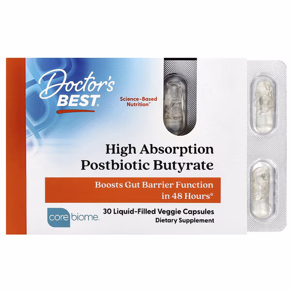 Doctor's Best, High Absorption Postbiotic Butyrate, 30 Liquid-Filled Veggie Capsules (300 mg per Capsule)