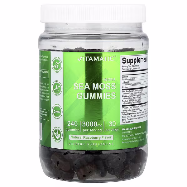 Vitamatic, Vegan Sea Moss Gummies, Natural Raspberry, 240 Gummies