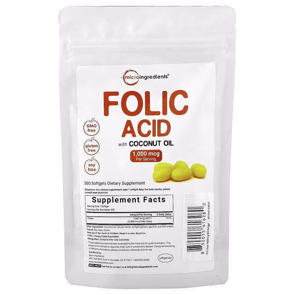 Micro Ingredients, Folic Acid, 1,000 mcg, 500 Softgels