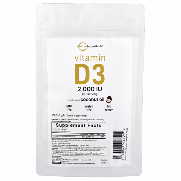 Micro Ingredients, Vitamin D3, 2,000 IU, 500 Softgels