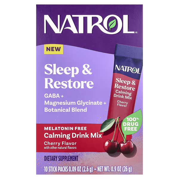 Natrol, Sleep & Restore, Calming Drink Mix, Melatonin Free, Cherry, 10 Stick Packs, 0.09 oz (2.6 g) Each