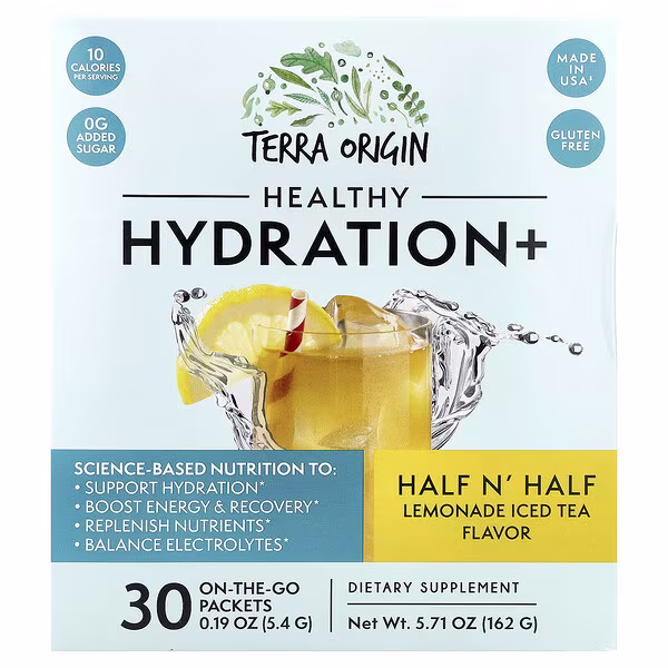 Terra Origin, Healthy Hydration+, Half N' Half Lemonade Iced Tea, 30 On The Go Packets, 0.19 oz (5.4 g) Each