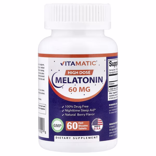 Vitamatic, High Dose Melatonin, Natural Berry, 60 mg, 60 Fast Dissolve Tablets