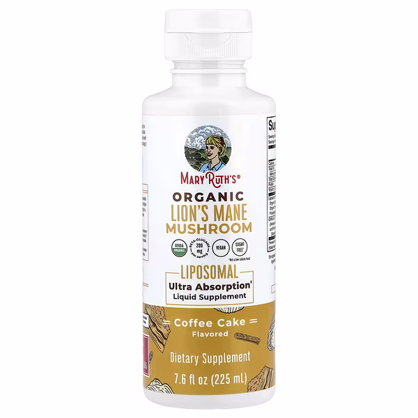 MaryRuth's, Organic Lion's Mane Mushroom, Liposomal Liquid Supplement, Coffee Cake , 7.6 fl oz (225 ml)