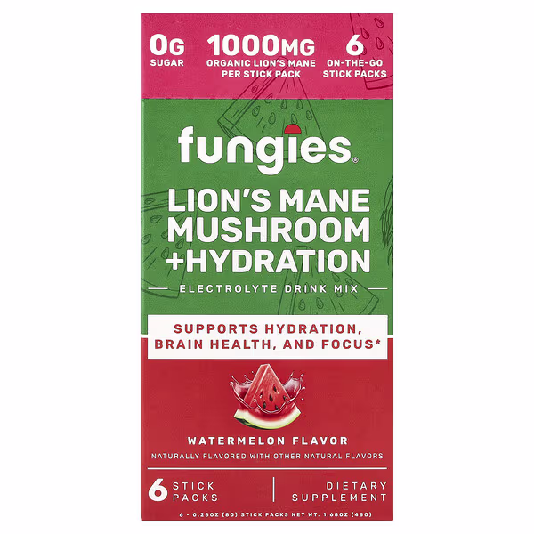 Fungies, Lion's Mane Mushroom + Hydration, Electrolyte Drink Mix, Watermelon, 6 Stick Packs, 0.28 oz (8 g) Each