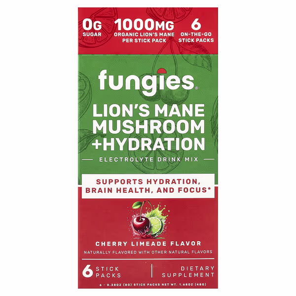 Fungies, Lion's Mane Mushroom + Hydration, Electrolyte Drink Mix, Cherry Limeade, 6 Stick Packs, 0.28 oz (8 g) Each