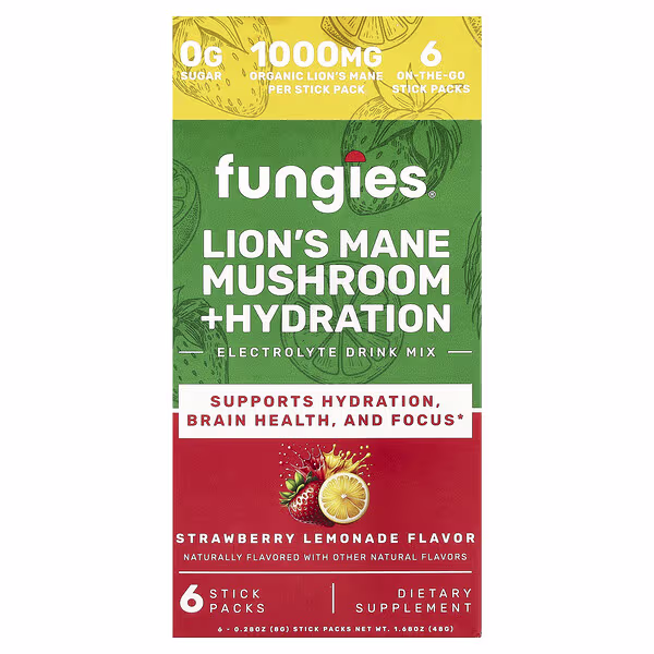Fungies, Lion's Mane Mushroom + Hydration, Electrolyte Drink Mix, Strawberry Lemonade, 6 Stick Packs, 0.28 oz (8 g) Each