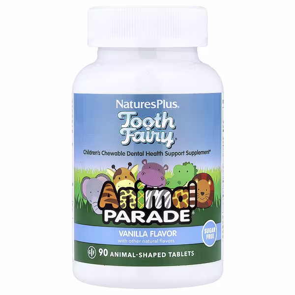 NaturesPlus, Animal Parade®, Tooth Fairy®, Children's Chewable Dental Health Support Supplement, Vanilla, 90 Animal-Shaped Tablets