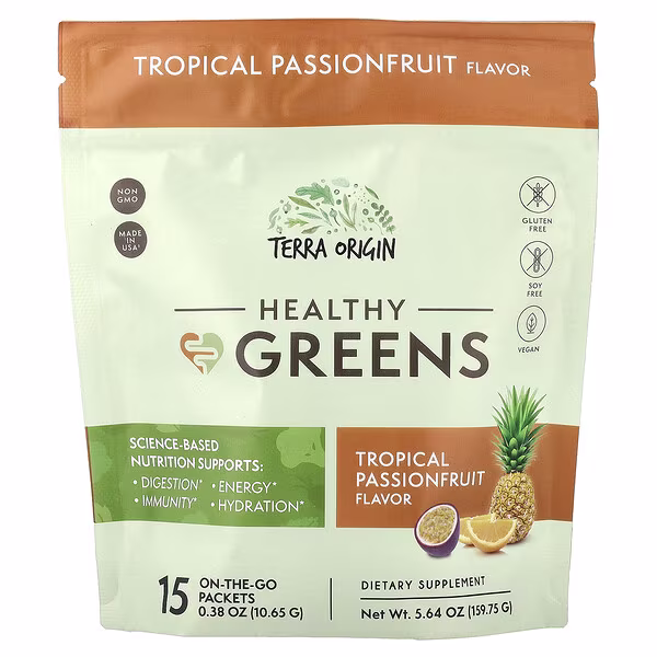 Terra Origin, Healthy Greens, Tropical Passionfruit, 15 On-The-Go Packets, 0.38 oz (10.65 g) Each