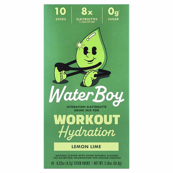 Waterboy, Workout Hydration, Electrolyte Drink Mix, Lemon Lime, 10 Stick Packs, 0.22 oz (6.2 g) Each