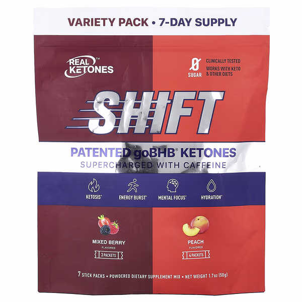 Real Ketones, Shift, Supercharged With Caffeine, Variety Pack, Mixed Berry, Peach, 7 Stick Packs, 0.26 oz (7.3 g) Each