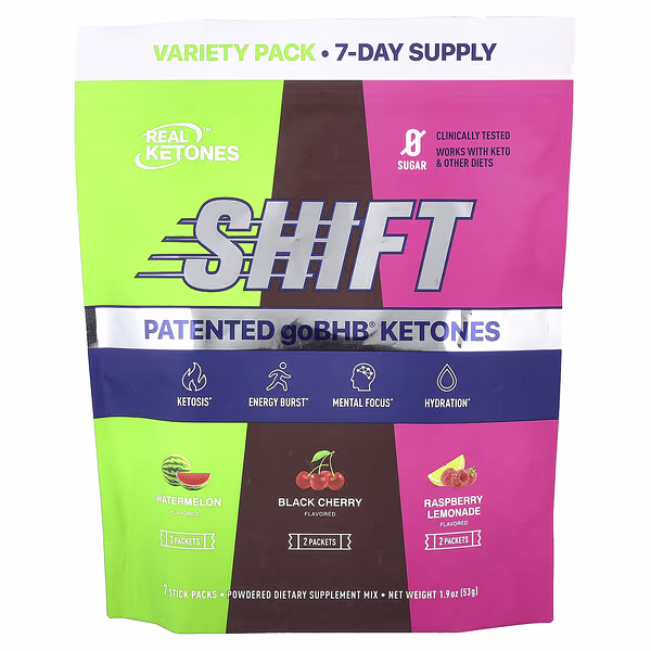 Real Ketones, Shift, Variety Pack, Watermelon, Black Cherry, Raspberry Lemonade, 7 Stick Packs, 1.9 oz (53 g)