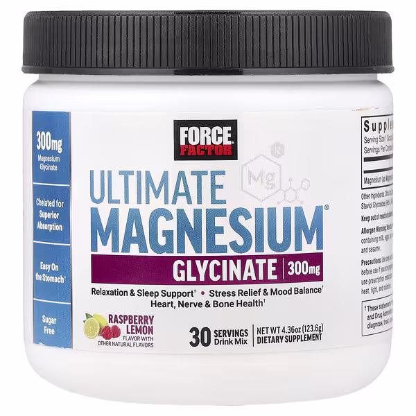 Force Factor, Ultimate Magnesium Glycinate Drink Mix, Raspberry Lemon, 4.36 oz (123.6 g)