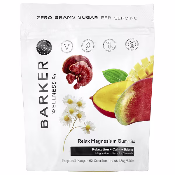 Barker Wellness Co, Relax Magnesium Gummies, Tropical Mango, 60 Gummies