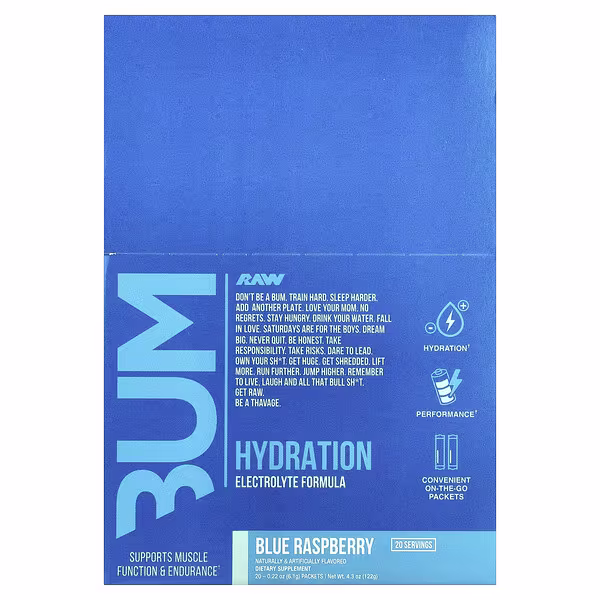 Raw Nutrition, Bum, Hydration, Electrolyte Formula, Blue Raspberry, 20 Packets, 0.22 oz (6.1 g) Each
