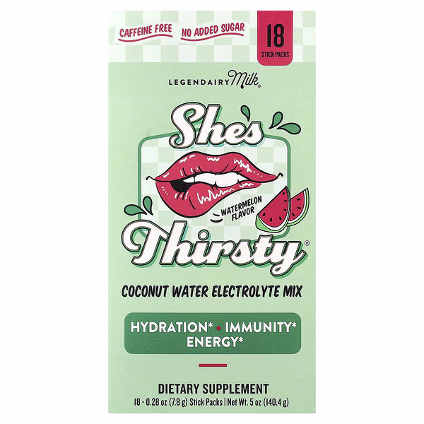 Legendairy Milk, She's Thirsty®, Coconut Water Electrolyte Mix, Watermelon (Box), 18 Stick Packs, 0.28 oz (7.8 g) Each