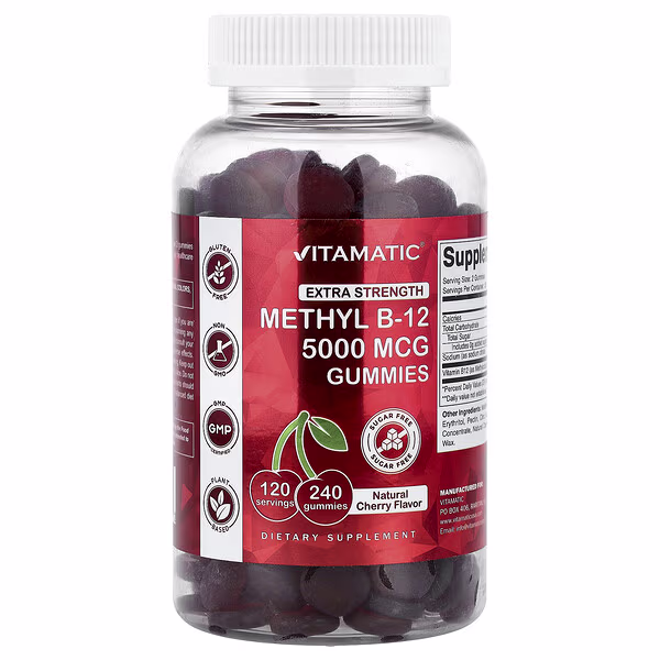 Vitamatic, Methyl B-12 Gummies, Natural Cherry, Sugar Free, 240 Gummies (2,500 mg per Gummy)