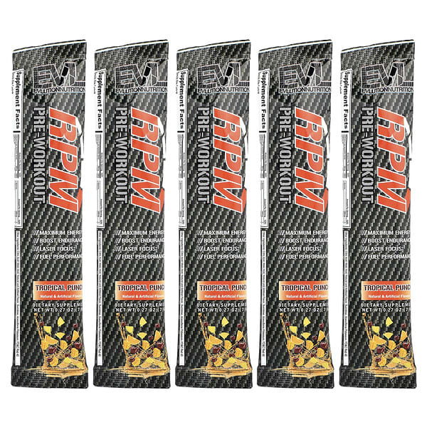 EVLution Nutrition, RPM Pre-Workout, Tropical Punch, 5 Packs, 0.27 oz (7.8 g) Each