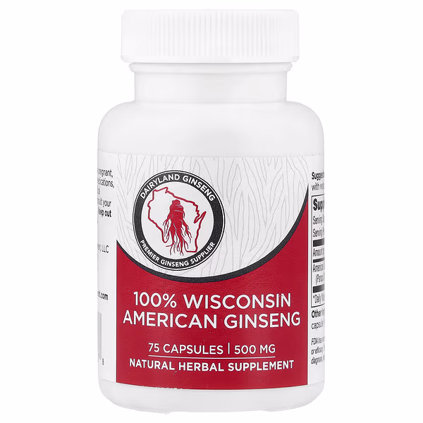 Dairyland Ginseng, 100% Wisconsin American Ginseng, 500 mg, 75 Capsules