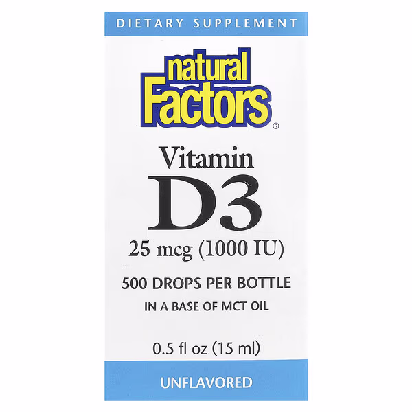 Natural Factors, Vitamin D3 Drops, Unflavored, 25 mcg (1,000 IU), 0.5 fl oz (15 ml)