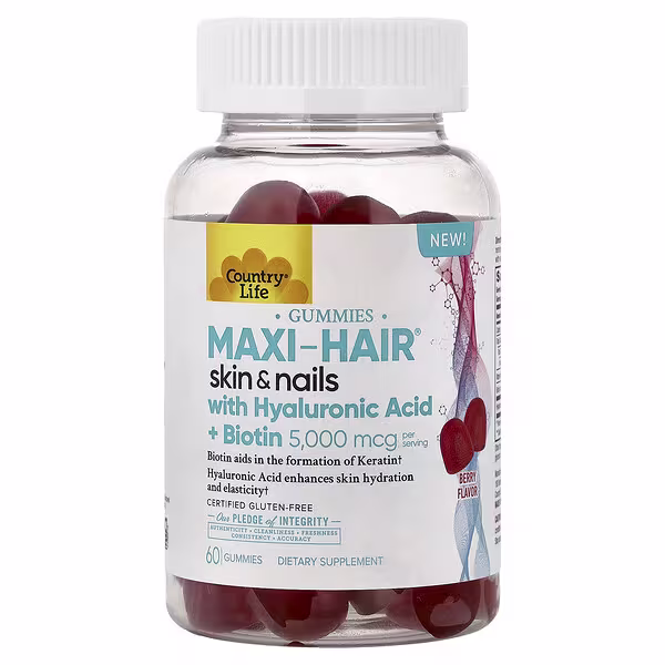 Country Life, Maxi-Hair® Skin & Nails Gummies with Hyaluronic Acid + Biotin, Berry, 60 Gummies