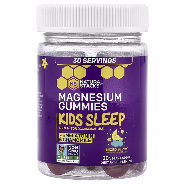 Natural Stacks, Kids Sleep Magnesium Gummies With Melatonin & Chamomile, Ages 4+, Mixed Berry, 30 Vegan Gummies