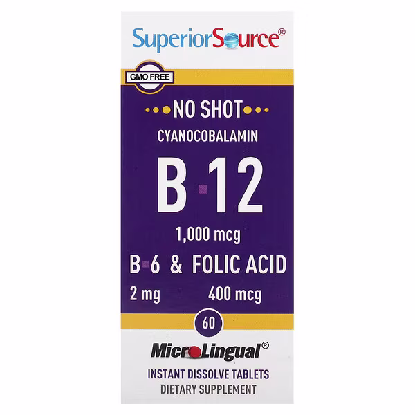Superior Source, Cyanocobalamin & B-12 &  B-6 & Folic Acid, 1,000 mcg & 2 mg & 400 mcg, 60 MicroLingual Instant Dissolve Tablets